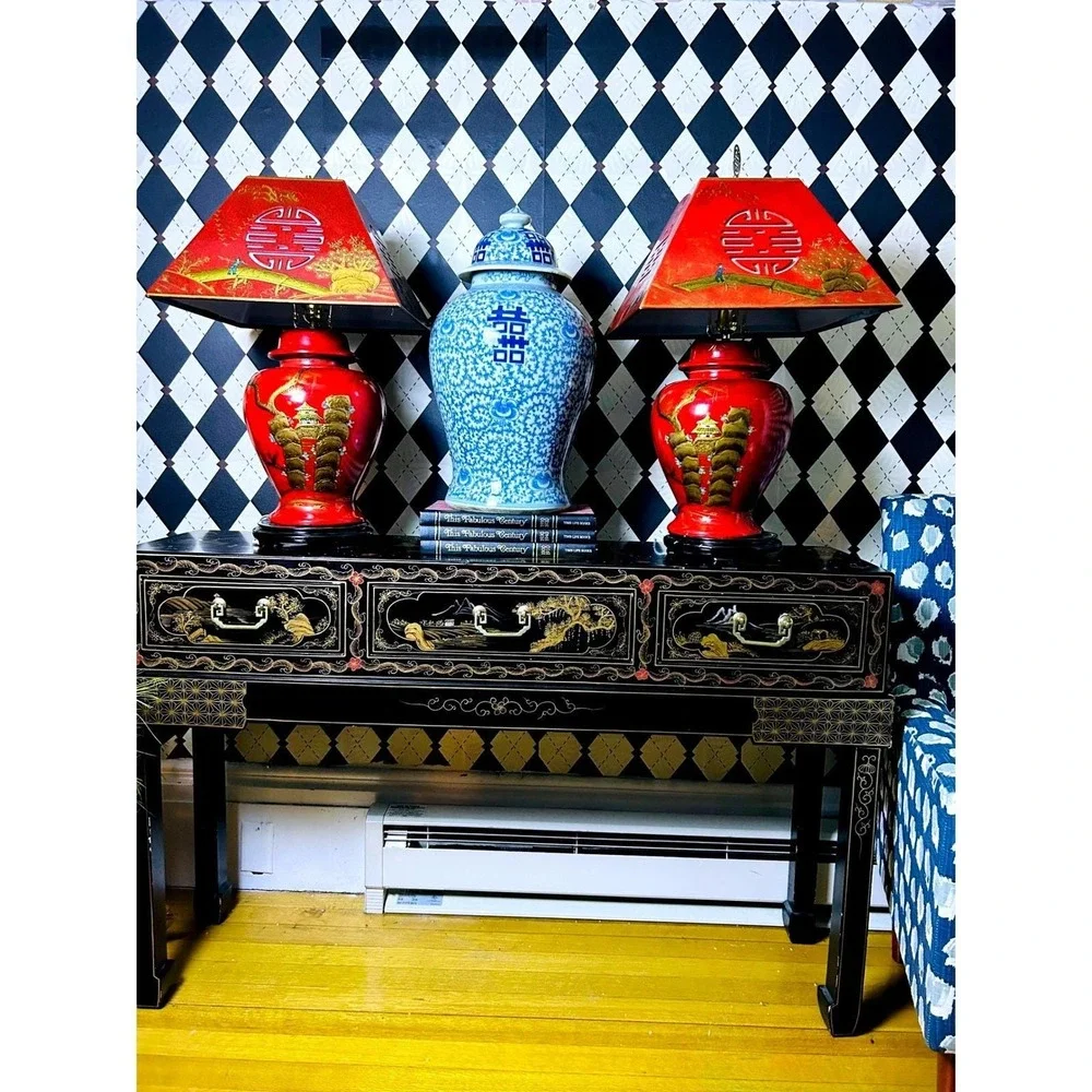 Pair Large Chinese Chinoiserie Red Lacquer Lamps Pagoda Shades Hollywood Regency